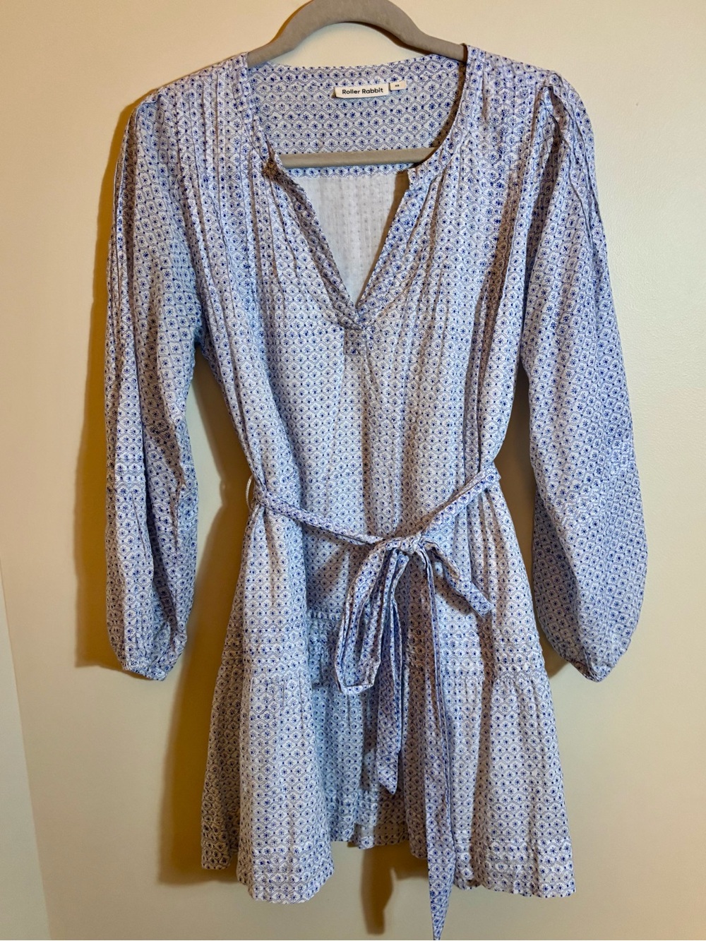 Roller Rabbit Blue/White Printed Long-Sleeve Tie Waist Surry Nydia Dress XS